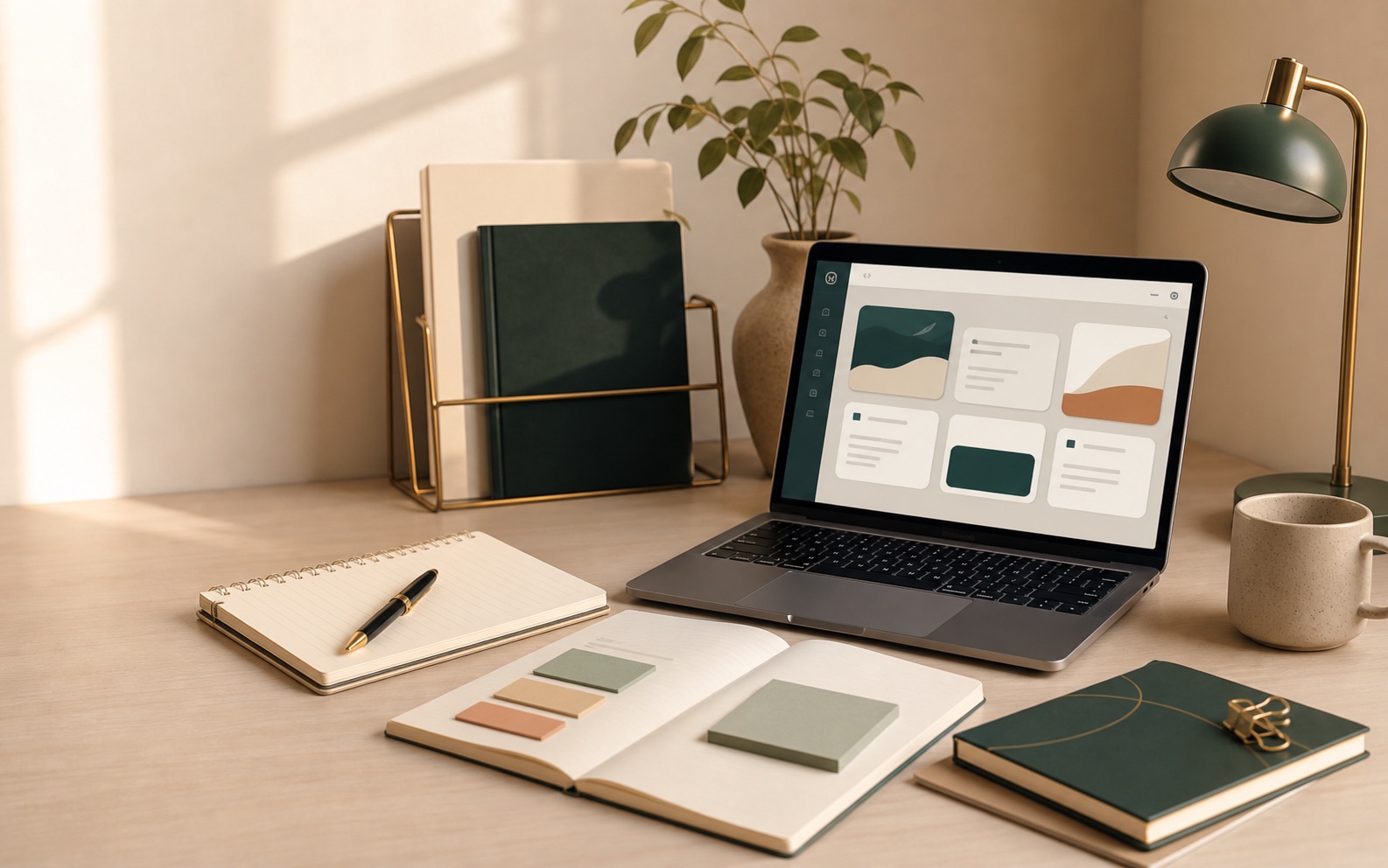 Warm desk setup with laptop, notebook, and abstract AI workflow interface.