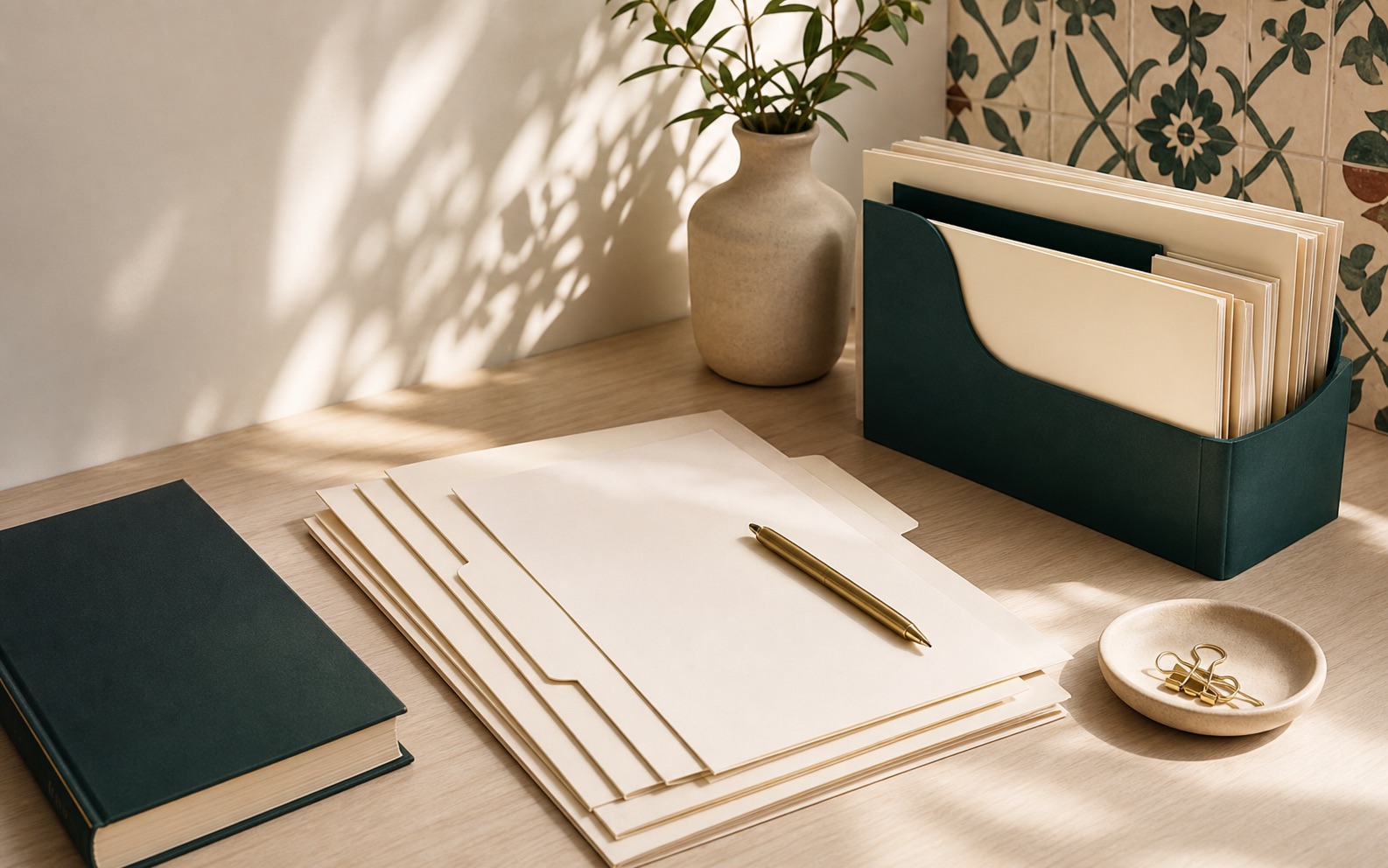 Organized folders, blank documents, pen, and subtle Mexican tile pattern in warm daylight.